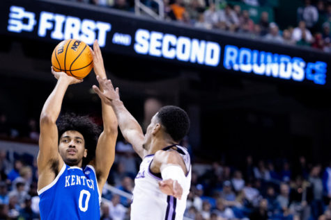 Kentucky Wildcats forward Jacob Toppin (0) shoots the ball during the No. 6 Kentucky vs. No. 3 Kansas State mens basketball game in the second round of the NCAA Tournament on Sunday, March 19, 2023, at Greensboro Coliseum in Greensboro, North Carolina. Kansas State won 75-69. Photo by Jack Weaver | Staff