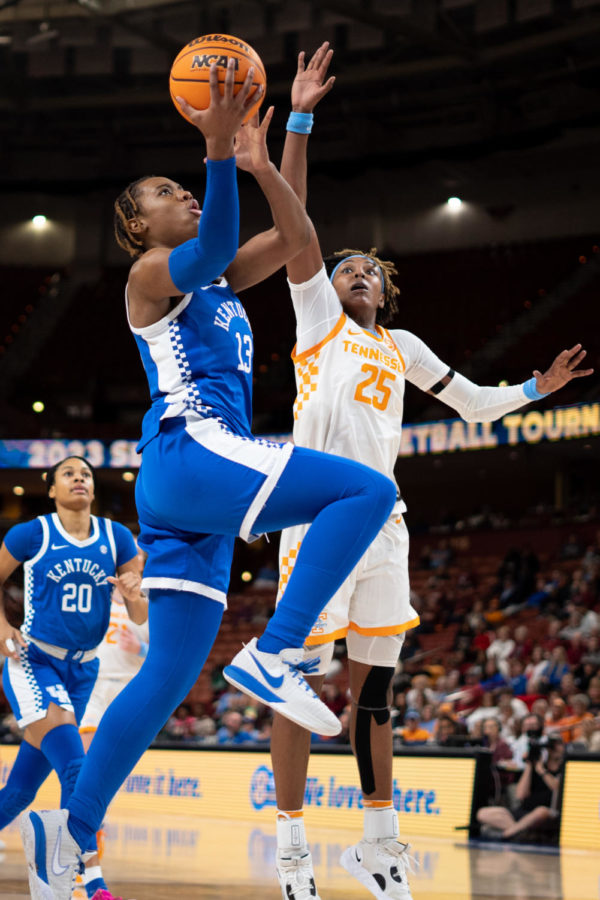 Kentucky Wildcats forward Ajae Petty (13) shoots the ball during the No. 14 Kentucky vs. No. 3 Tennessee womens basketball game in the SEC Tournament quarterfinals on Friday, March 3, 2023, at Bon Secours Wellness Arena in Greenville, South Carolina. Tennessee won 80-71. Photo by Carter Skaggs | Staff