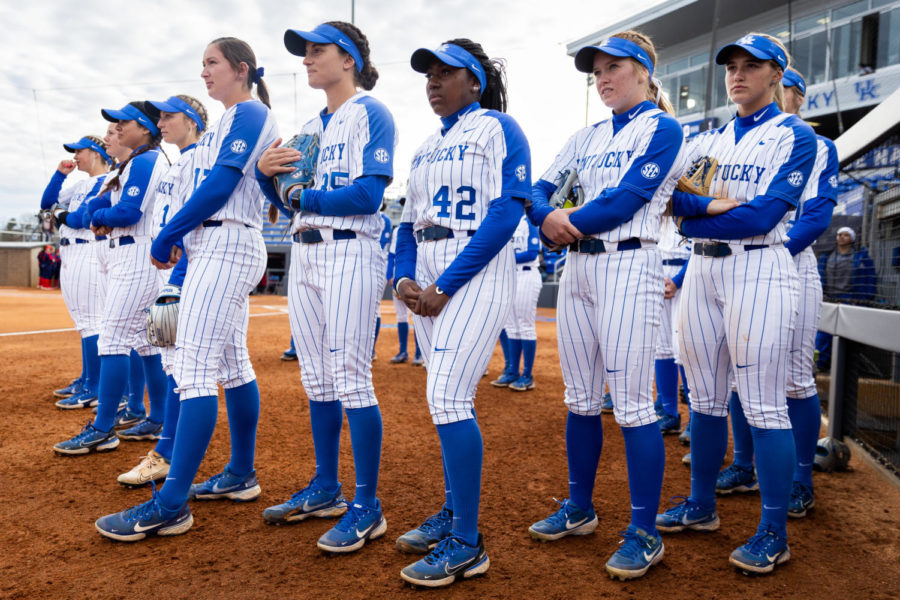 Kentucky players watch a pre-game video before the No. 16 Kentucky vs. Dayton softball home opener game on Wednesday, March 8, 2023, at John Cropp Stadium in Lexington, Kentucky. Photo by Jack Weaver | Staff