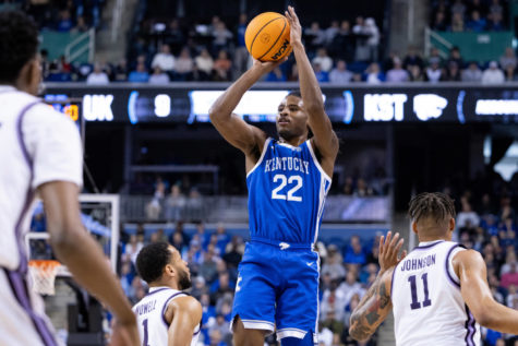 Kentucky Wildcats guard Cason Wallace (22) shoots the ball during the No. 6 Kentucky vs. No. 3 Kansas State mens basketball game in the second round of the NCAA Tournament on Sunday, March 19, 2023, at Greensboro Coliseum in Greensboro, North Carolina. Kansas State won 75-69. Photo by Jack Weaver | Staff