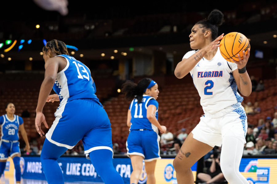 Florida+Gators+forward+Tatyana+Wyche+%282%29+throws+the+ball+at+Kentucky+Wildcats+forward+Ajae+Petty+%2813%29+during+an+altercation+in+the+Kentucky+vs.+Florida+womens+basketball+game+in+the+first+round+of+the+SEC+Tournament+on+Wednesday%2C+March+1%2C+2023%2C+at+Bon+Secours+Wellness+Arena+in+Greenville%2C+South+Carolina.+Wyche%2C+along+with+six+other+players%2C+was+ejected.+Petty+received+a+technical+foul.+Photo+by+Carter+Skaggs+%7C+Staff
