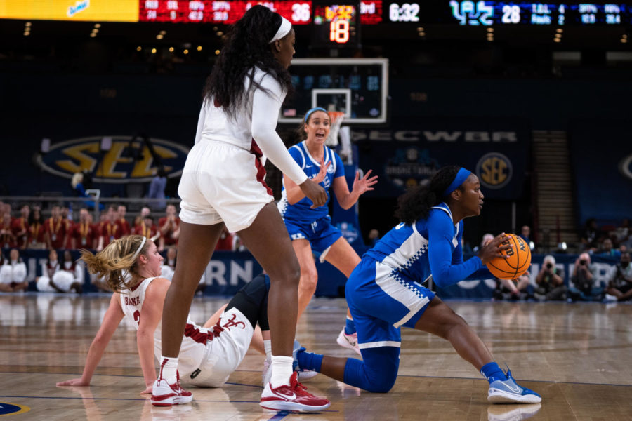 Kentucky Wildcats forward Adebola Adeyeye (25) looks to pass the ball as guard Blair Green (5) yells for it during the No. 14 Kentucky vs. No. 6 Alabama womens basketball game in the second round of the SEC Tournament on Thursday, March 2, 2023, at Bon Secours Wellness Arena in Greenville, South Carolina. Kentucky won 71-58. Photo by Carter Skaggs | Staff