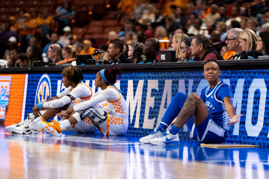 Kentucky Wildcats guard Eniya Russell (4) reacts to a call while sitting on the court during the No. 14 Kentucky vs. No. 3 Tennessee womens basketball game in the SEC Tournament quarterfinals on Friday, March 3, 2023, at Bon Secours Wellness Arena in Greenville, South Carolina. Tennessee won 80-71. Photo by Carter Skaggs | Staff