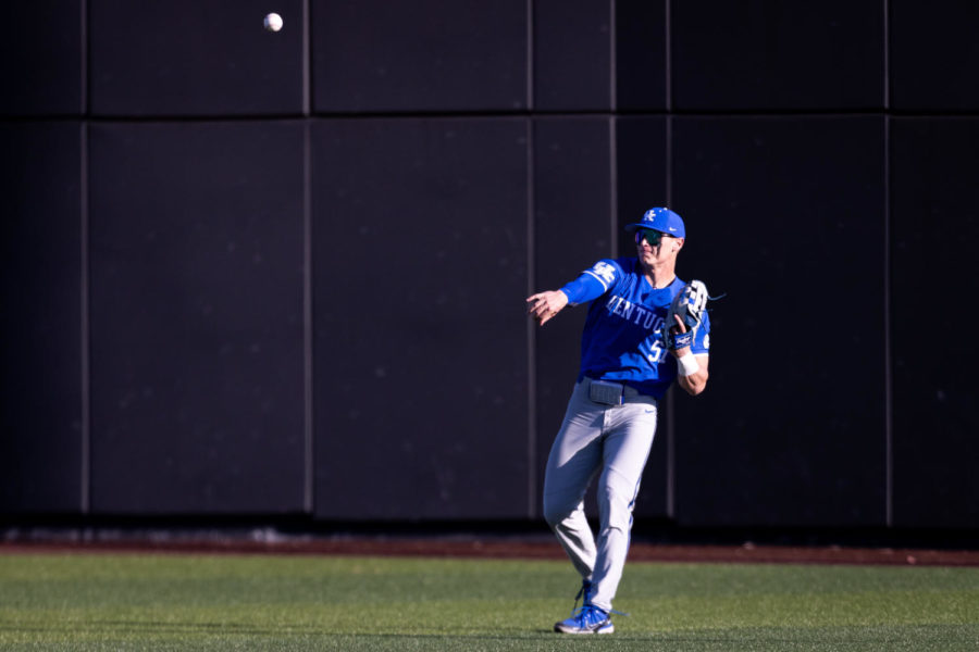 Kentucky Wildcats outfielder Jackson Gray (51) throws the ball into the infield during the No. 18 Kentucky vs. Western Kentucky baseball game on Tuesday, March 28, 2023, at Nick Denes Field in Bowling Green, Kentucky. Kentucky won 10-8. Photo by Jack Weaver | Staff