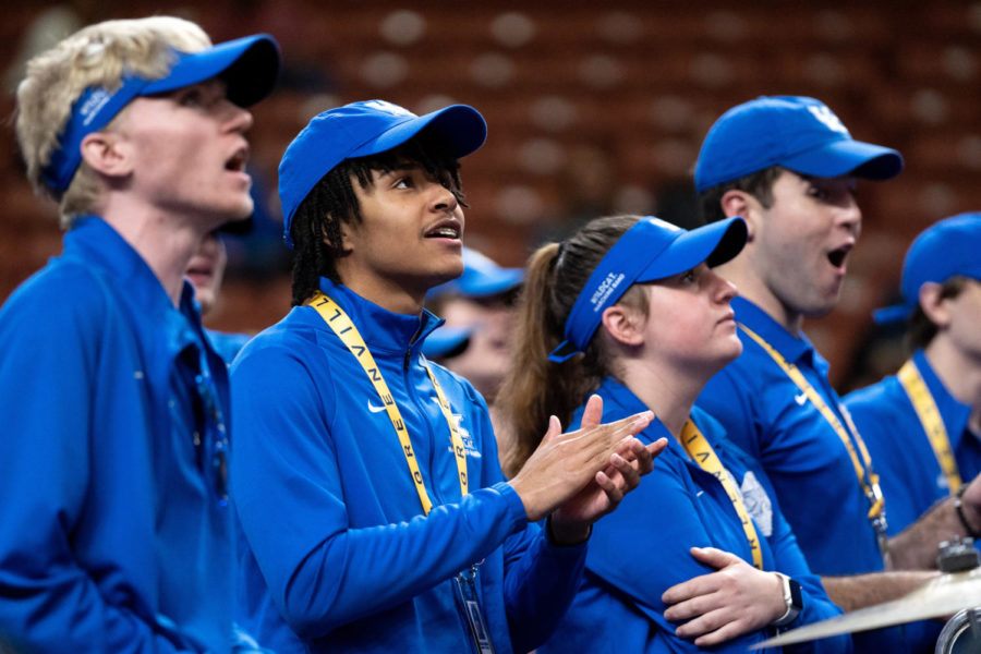 The Kentucky Wildcats marching band cheers during the No. 14 Kentucky vs. No. 3 Tennessee womens basketball game in the SEC Tournament quarterfinals on Friday, March 3, 2023, at Bon Secours Wellness Arena in Greenville, South Carolina. Tennessee won 80-71. Photo by Carter Skaggs | Staff