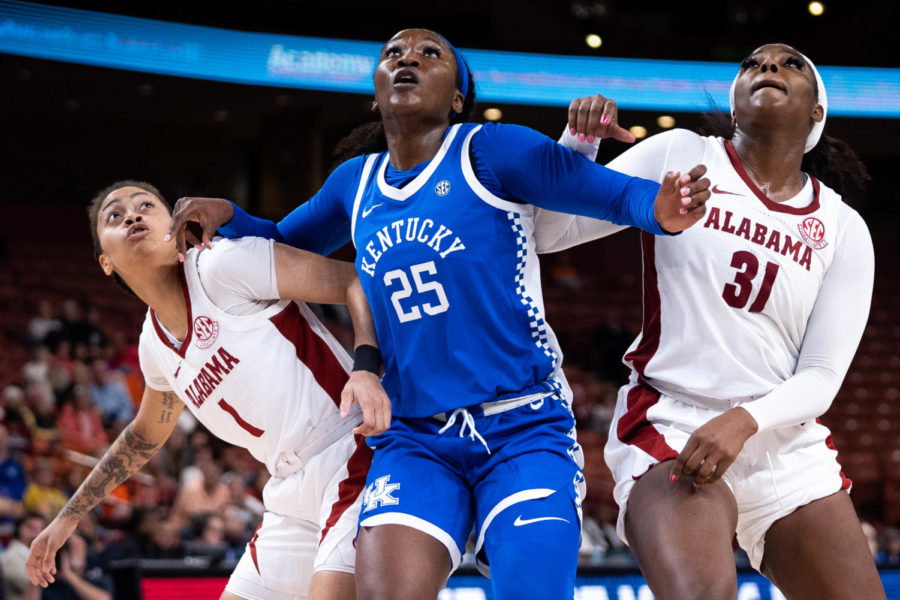 Kentucky Wildcats forward Adebola Adeyeye (25) anticipates a rebound during the No. 14 Kentucky vs. No. 6 Alabama womens basketball game in the second round of the SEC Tournament on Thursday, March 2, 2023, at Bon Secours Wellness Arena in Greenville, South Carolina. Kentucky won 71-58. Photo by Carter Skaggs | Staff