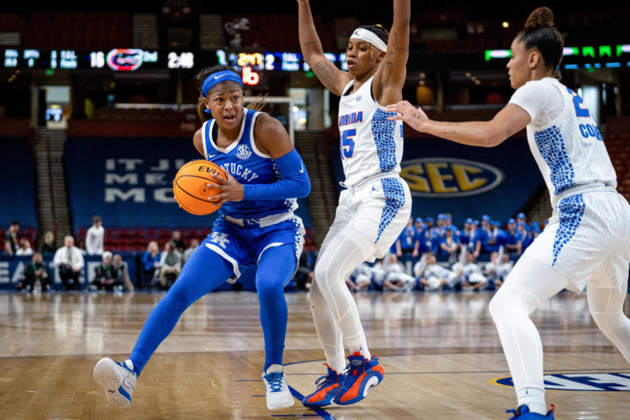 Kentucky Wildcats guard Robyn Benton (1) drives towards the basket during the Kentucky vs. Florida womens basketball game in the first round of the SEC Tournament on Wednesday, March 1, 2023, at Bon Secours Wellness Arena in Greenville, South Carolina. Photo by Carter Skaggs | Staff