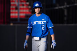 Kentucky Wildcats infielder Jase Felker (2) walks back to the dugout after striking out during the No. 18 Kentucky vs. Western Kentucky baseball game on Tuesday, March 28, 2023, at Nick Denes Field in Bowling Green, Kentucky. Kentucky won 10-8. Photo by Jack Weaver | Staff