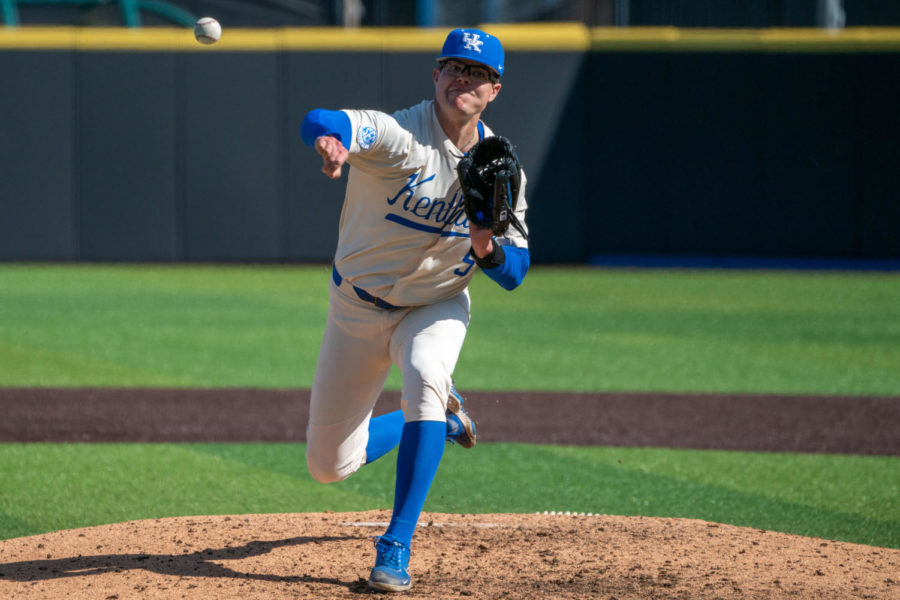 Kentucky Wildcats pitcher Darren Williams (5) pitches the ball during the Kentucky vs. Indiana State baseball game on Saturday, March 4, 2023, at Kentucky Proud Park in Lexington, Kentucky. Kentucky won 4-2. Photo by Travis Fannon | Staff