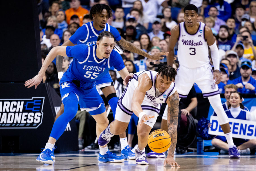 Kansas State Wildcats forward Keyontae Johnson (11) chases a loose ball during the No. 6 Kentucky vs. No. 3 Kansas State mens basketball game in the second round of the NCAA Tournament on Sunday, March 19, 2023, at Greensboro Coliseum in Greensboro, North Carolina. Kansas State won 75-69. Photo by Jack Weaver | Staff