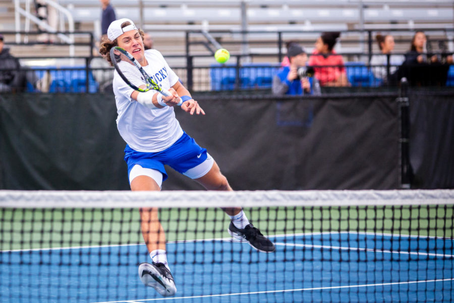 Kentucky Wildcats senior Liam Draxl hits the ball during the No. 5 Kentucky vs. No. 6 South Carolina mens tennis match on Thursday, March 2, 2023, at the Boone Tennis Complex in Lexington, Kentucky. South Carolina won 4-3. Photo by Samuel Colmar | Staff