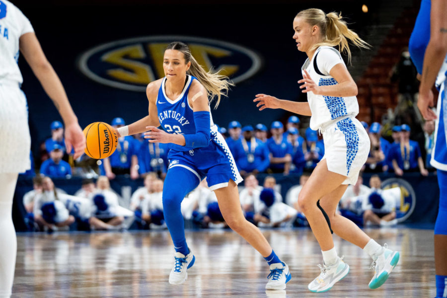 Kentucky Wildcats guard Maddie Scherr (22) dribbles the ball during the Kentucky vs. Florida womens basketball game in the first round of the SEC Tournament on Wednesday, March 1, 2023, at Bon Secours Wellness Arena in Greenville, South Carolina. Photo by Carter Skaggs | Staff