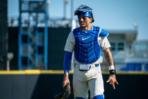 Kentucky Wildcats catcher Devin Burkes (7) stands in the infield during the Kentucky vs. Indiana State baseball game on Saturday, March 4, 2023, at Kentucky Proud Park in Lexington, Kentucky. Kentucky won 4-2. Photo by Travis Fannon | Staff