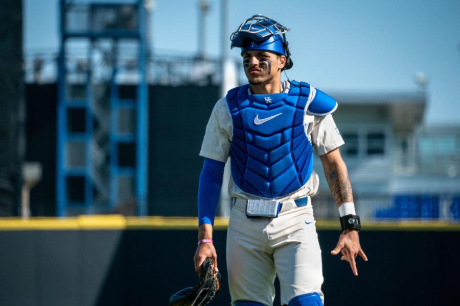Kentucky+Wildcats+catcher+Devin+Burkes+%287%29+stands+in+the+infield+during+the+Kentucky+vs.+Indiana+State+baseball+game+on+Saturday%2C+March+4%2C+2023%2C+at+Kentucky+Proud+Park+in+Lexington%2C+Kentucky.+Kentucky+won+4-2.+Photo+by+Travis+Fannon+%7C+Staff