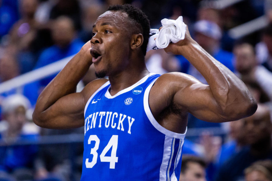 Kentucky+Wildcats+forward+Oscar+Tshiebwe+%2834%29+reacts+to+a+call+during+the+No.+6+Kentucky+vs.+No.+3+Kansas+State+mens+basketball+game+in+the+second+round+of+the+NCAA+Tournament+on+Sunday%2C+March+19%2C+2023%2C+at+Greensboro+Coliseum+in+Greensboro%2C+North+Carolina.+Kansas+State+won+75-69.+Photo+by+Samuel+Colmar+%7C+Staff