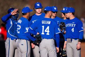 Kentucky players and head coach Nick Mingione gather at the mound during the No. 18 Kentucky vs. Western Kentucky baseball game on Tuesday, March 28, 2023, at Nick Denes Field in Bowling Green, Kentucky. Kentucky won 10-8. Photo by Jack Weaver | Staff