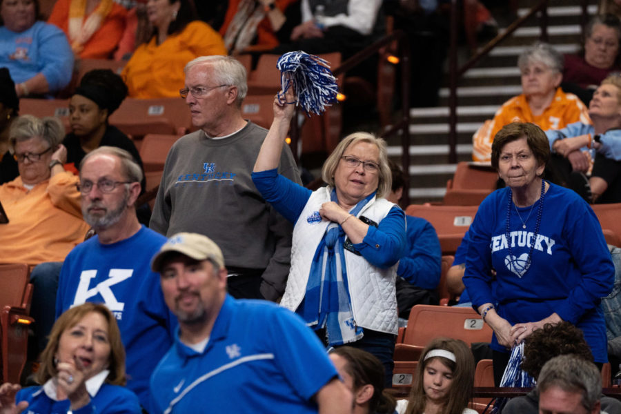 Kentucky Wildcats fans cheer during the No. 14 Kentucky vs. No. 3 Tennessee womens basketball game in the SEC Tournament quarterfinals on Friday, March 3, 2023, at Bon Secours Wellness Arena in Greenville, South Carolina. Tennessee won 80-71. Photo by Carter Skaggs | Staff