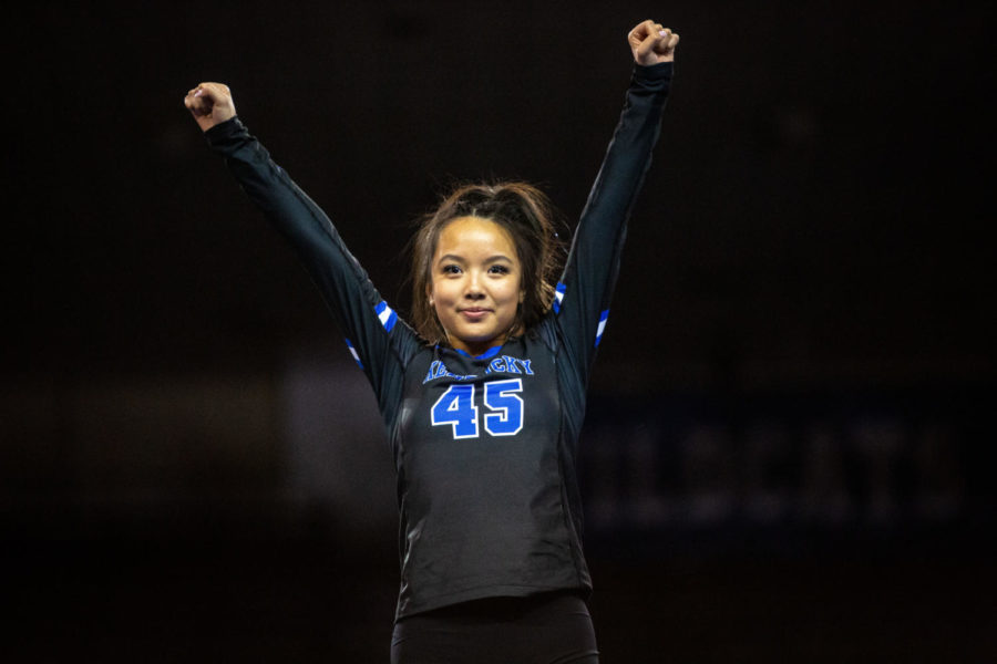 Kentucky Wildcats freshman Shayla Nguyen (45) competes during the Kentucky vs. Michigan State STUNT game on Saturday, March 4, 2023, at Memorial Coliseum in Lexington, Kentucky. Michigan State won 15-14. Photo by Samuel Colmar | Staff