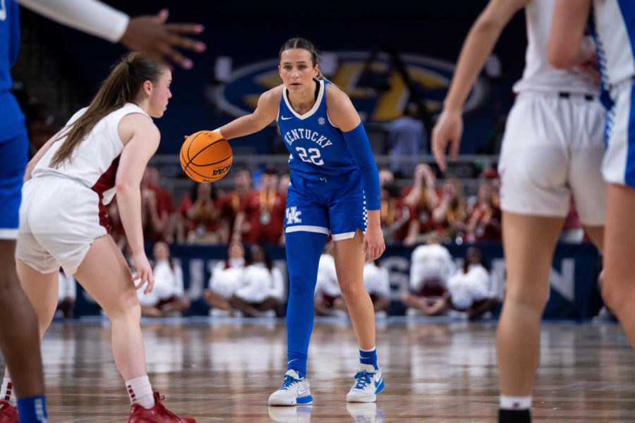 Kentucky Wildcats guard Maddie Scherr (22) dribbles the ball during the No. 14 Kentucky vs. No. 6 Alabama womens basketball game in the second round of the SEC Tournament on Thursday, March 2, 2023, at Bon Secours Wellness Arena in Greenville, South Carolina. Kentucky won 71-58. Photo by Carter Skaggs | Staff