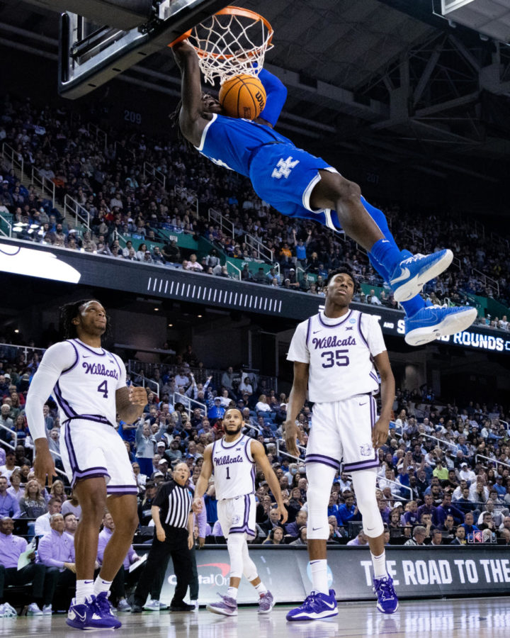 Kentucky Wildcats forward Chris Livingston (24) dunks the ball during the No. 6 Kentucky vs. No. 3 Kansas State mens basketball game in the second round of the NCAA Tournament on Sunday, March 19, 2023, at Greensboro Coliseum in Greensboro, North Carolina. Kansas State won 75-69. Photo by Jack Weaver | Staff