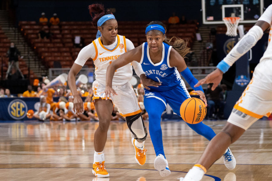 Kentucky Wildcats guard Robyn Benton (1) dribbles  the ball during the No. 14 Kentucky vs. No. 3 Tennessee womens basketball game in the SEC Tournament quarterfinals on Friday, March 3, 2023, at Bon Secours Wellness Arena in Greenville, South Carolina. Tennessee won 80-71. Photo by Carter Skaggs | Staff