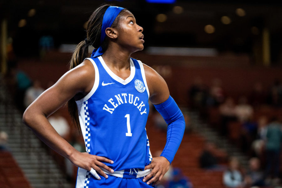 Kentucky Wildcats guard Robyn Benton (1) looks toward the scoreboard during the Kentucky vs. Florida womens basketball game in the first round of the SEC Tournament on Wednesday, March 1, 2023, at Bon Secours Wellness Arena in Greenville, South Carolina. Photo by Carter Skaggs | Staff