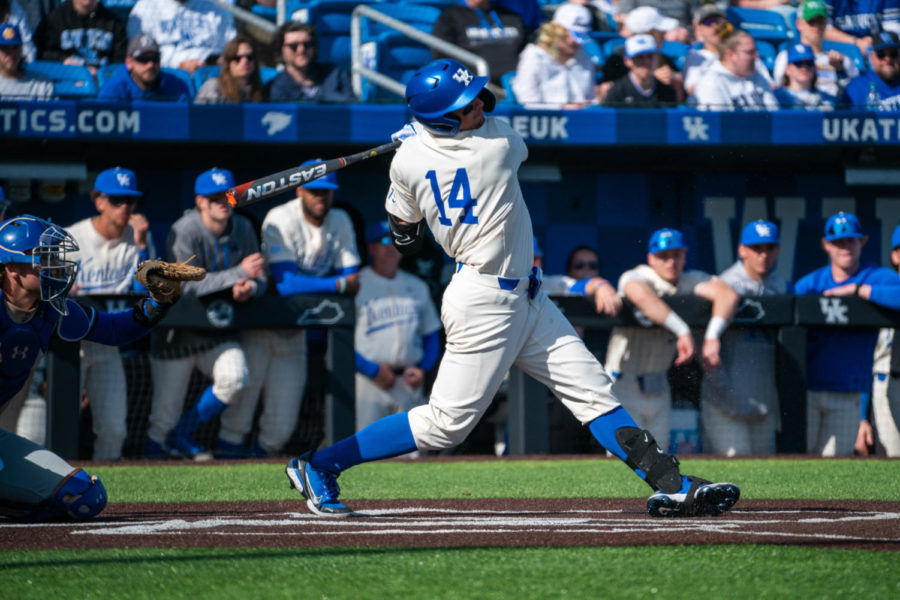 Kentucky+Wildcats+infielder+Hunter+Gilliam+%2814%29+swings+his+bat+during+the+Kentucky+vs.+Indiana+State+baseball+game+on+Saturday%2C+March+4%2C+2023%2C+at+Kentucky+Proud+Park+in+Lexington%2C+Kentucky.+Kentucky+won+4-2.+Photo+by+Travis+Fannon+%7C+Staff