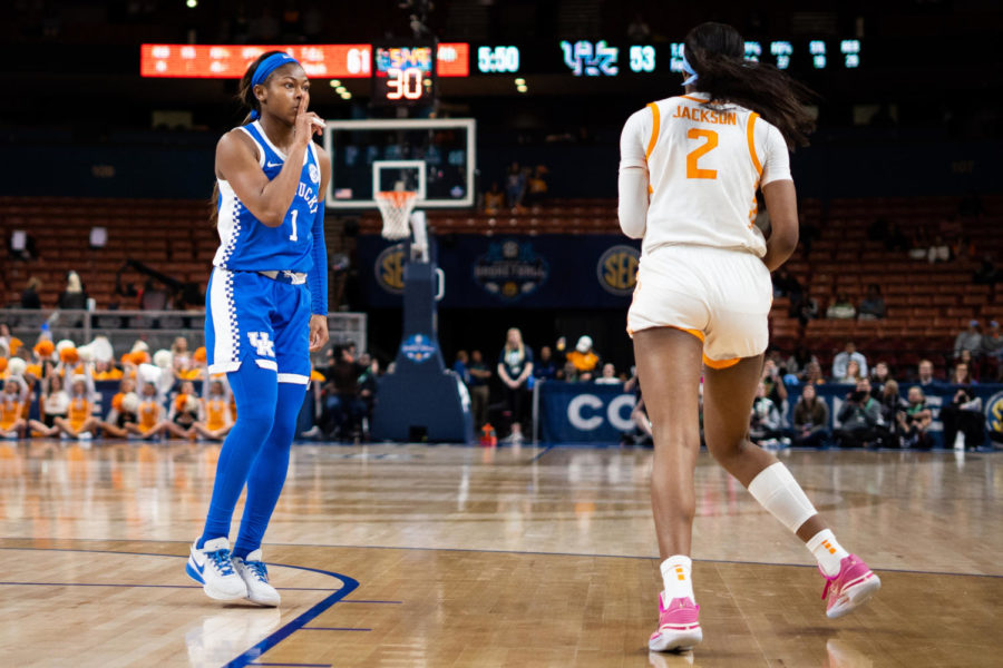 Kentucky Wildcats guard Robyn Benton (1) reacts after making a basket during the No. 14 Kentucky vs. No. 3 Tennessee womens basketball game in the SEC Tournament quarterfinals on Friday, March 3, 2023, at Bon Secours Wellness Arena in Greenville, South Carolina. Tennessee won 80-71. Photo by Carter Skaggs | Staff