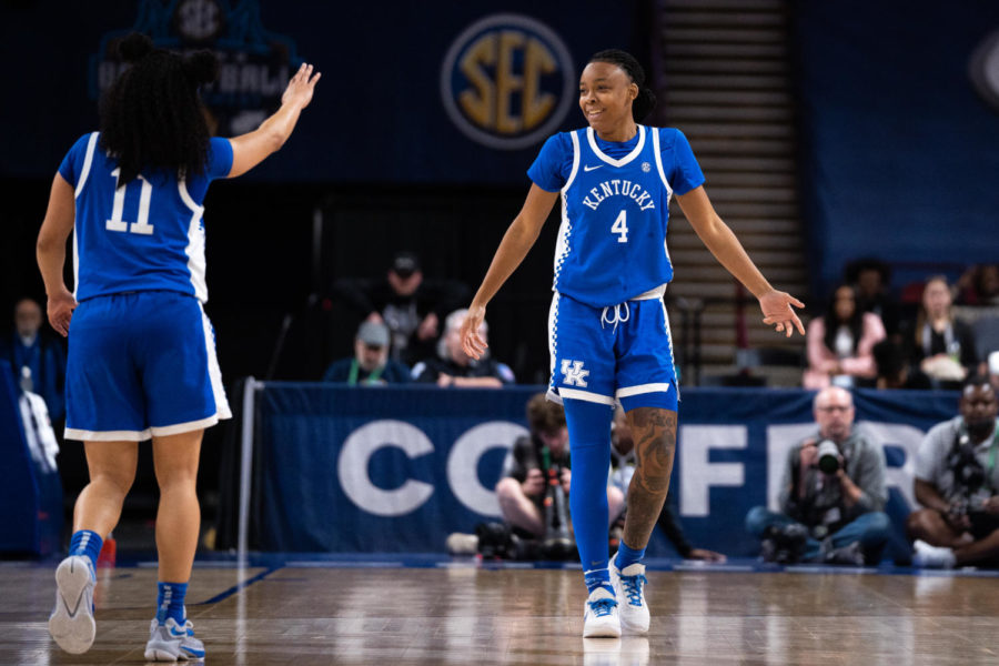 Kentucky Wildcats guard Eniya Russell (4) reacts to a play during the No. 14 Kentucky vs. No. 6 Alabama womens basketball game in the second round of the SEC Tournament on Thursday, March 2, 2023, at Bon Secours Wellness Arena in Greenville, South Carolina. Kentucky won 71-58. Photo by Carter Skaggs | Staff