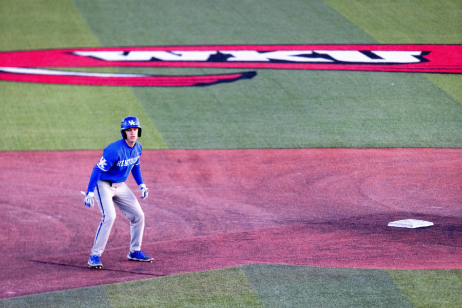 Kentucky Wildcats infielder Patrick Herrera (22) leads off from second base during the No. 18 Kentucky vs. Western Kentucky baseball game on Tuesday, March 28, 2023, at Nick Denes Field in Bowling Green, Kentucky. Kentucky won 10-8. Photo by Jack Weaver | Staff