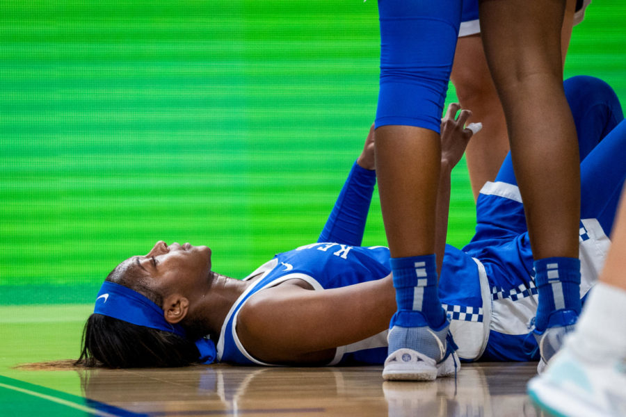 Kentucky Wildcats guard Robyn Benton (1) falls to the floor in pursuit of the ball during the Kentucky vs. Florida womens basketball game in the first round of the SEC Tournament on Wednesday, March 1, 2023, at Bon Secours Wellness Arena in Greenville, South Carolina. Photo by Carter Skaggs | Staff