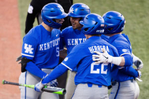 Kentucky players celebrate during the No. 18 Kentucky vs. Western Kentucky baseball game on Tuesday, March 28, 2023, at Nick Denes Field in Bowling Green, Kentucky. Kentucky won 10-8. Photo by Jack Weaver | Staff