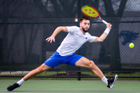 Kentucky Wildcats junior Joshua Lapadat prepares to hit the ball during the No. 5 Kentucky vs. No. 6 South Carolina mens tennis match on Thursday, March 2, 2023, at the Boone Tennis Complex in Lexington, Kentucky. South Carolina won 4-3. Photo by Samuel Colmar | Staff