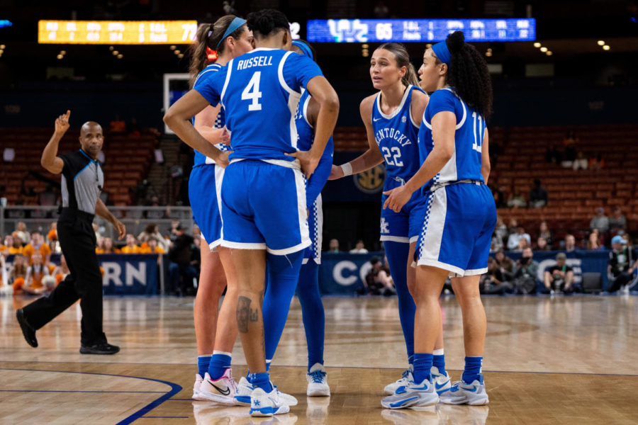 The Kentucky Wildcats gather in a huddle during the No. 14 Kentucky vs. No. 3 Tennessee womens basketball game in the SEC Tournament quarterfinals on Friday, March 3, 2023, at Bon Secours Wellness Arena in Greenville, South Carolina. Tennessee won 80-71. Photo by Carter Skaggs | Staff