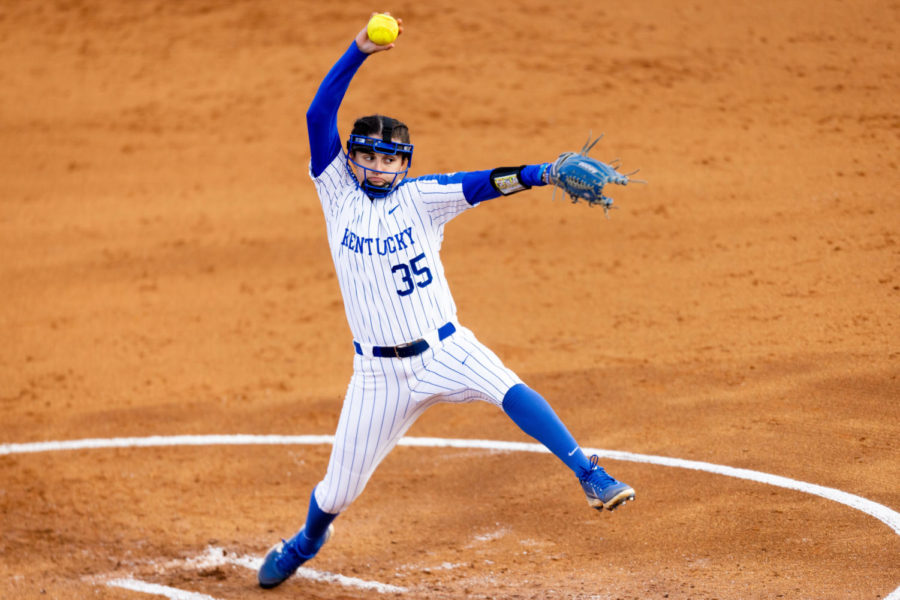 Kentucky Wildcats pitcher Alecia Lacatena (35) pitches the ball during the No. 16 Kentucky vs. Dayton softball home opener game on Wednesday, March 8, 2023, at John Cropp Stadium in Lexington, Kentucky. Photo by Jack Weaver | Staff