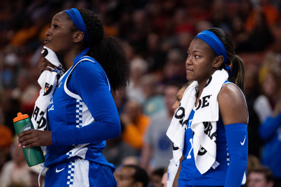 Kentucky Wildcats forward Adebola Adeyeye (25) and guard Robyn Benton (1) react to a call during the No. 14 Kentucky vs. No. 6 Alabama womens basketball game in the second round of the SEC Tournament on Thursday, March 2, 2023, at Bon Secours Wellness Arena in Greenville, South Carolina. Kentucky won 71-58. Photo by Carter Skaggs | Staff