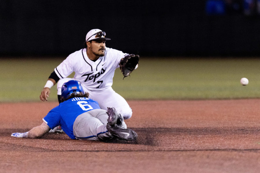 Kentucky Wildcats infielder Reuben Church (6) slides into second base on a pickoff attempt during the No. 18 Kentucky vs. Western Kentucky baseball game on Tuesday, March 28, 2023, at Nick Denes Field in Bowling Green, Kentucky. Kentucky won 10-8. Photo by Jack Weaver | Staff