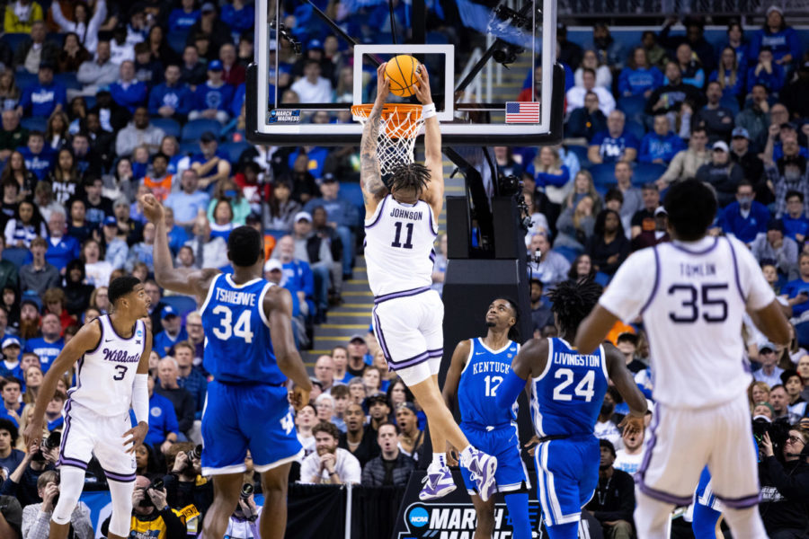 Kansas State Wildcats forward Keyontae Johnson (11) dunks the ball during the No. 6 Kentucky vs. No. 3 Kansas State mens basketball game in the second round of the NCAA Tournament on Sunday, March 19, 2023, at Greensboro Coliseum in Greensboro, North Carolina. Kansas State won 75-69. Photo by Jack Weaver | Staff