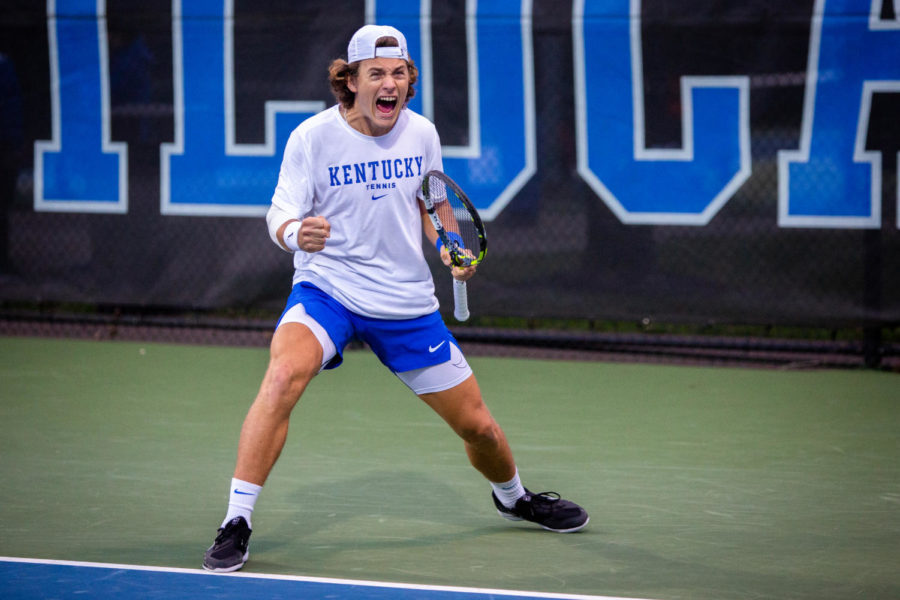 Kentucky Wildcats senior Liam Draxl celebrates after scoring a point during the No. 5 Kentucky vs. No. 6 South Carolina mens tennis match on Thursday, March 2, 2023, at the Boone Tennis Complex in Lexington, Kentucky. South Carolina won 4-3. Photo by Samuel Colmar | Staff