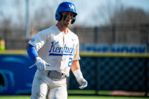 Kentucky Wildcats outfielder Ryan Waldschmidt (21) rounds third base heading for home plate during the Kentucky vs. Indiana State baseball game on Saturday, March 4, 2023, at Kentucky Proud Park in Lexington, Kentucky. Kentucky won 4-2. Photo by Travis Fannon | Staff