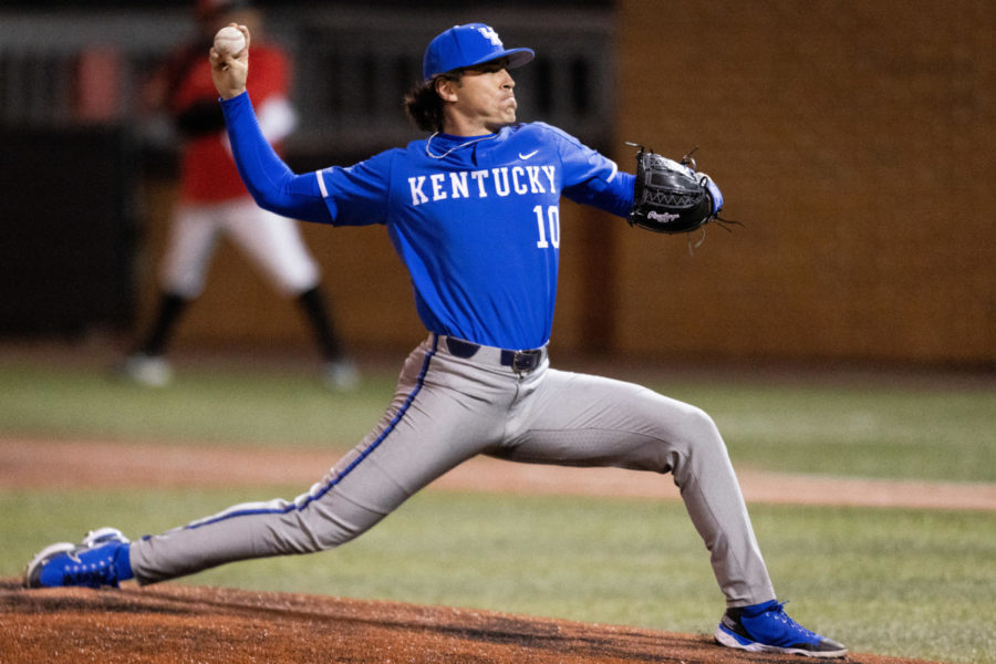 Kentucky Wildcats pitcher Seth Chavez (10) pitches the ball during the No. 18 Kentucky vs. Western Kentucky baseball game on Tuesday, March 28, 2023, at Nick Denes Field in Bowling Green, Kentucky. Kentucky won 10-8. Photo by Jack Weaver | Staff