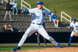 Kentucky Wildcats pitcher Tyler Bosma (35) pitches the ball during the Kentucky vs. Indiana State baseball game on Saturday, March 4, 2023, at Kentucky Proud Park in Lexington, Kentucky. Kentucky won 5-4. Photo by Travis Fannon | Staff