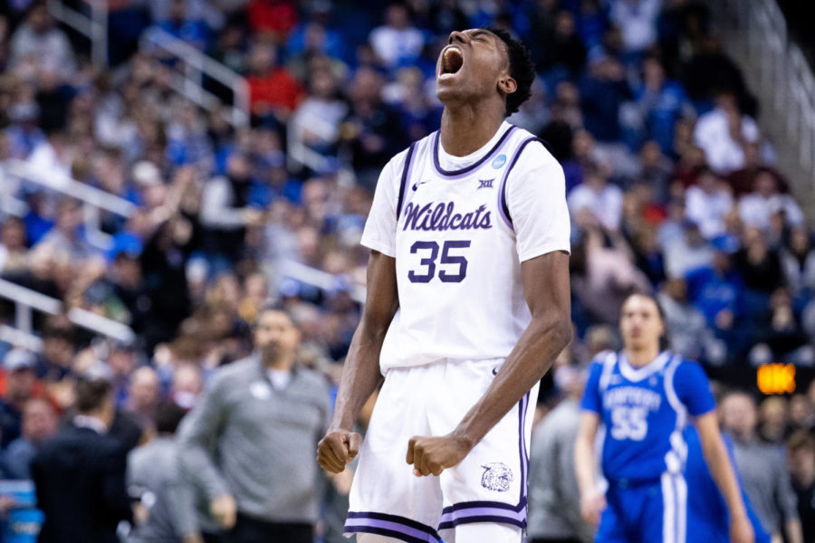 Kansas State Wildcats forward NaeQwan Tomlin (35) celebrates after scoring at the end of the first half during the No. 6 Kentucky vs. No. 3 Kansas State mens basketball game in the second round of the NCAA Tournament on Sunday, March 19, 2023, at Greensboro Coliseum in Greensboro, North Carolina. Kansas State won 75-69. Photo by Jack Weaver | Staff