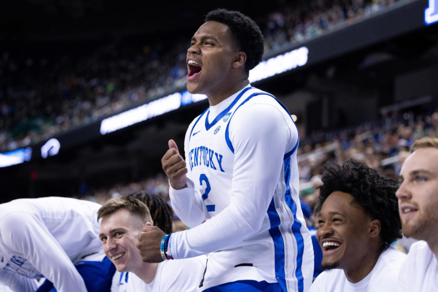 Kentucky+Wildcats+guard+Sahvir+Wheeler+%282%29+celebrates+on+the+bench+during+the+No.+6+Kentucky+vs.+No.+11+Providence+mens+basketball+game+in+the+first+round+of+the+NCAA+Tournament+on+Friday%2C+March+17%2C+2023%2C+at+Greensboro+Coliseum+in+Greensboro%2C+North+Carolina.+Kentucky+won+61-53.+Photo+by+Jack+Weaver+%7C+Staff
