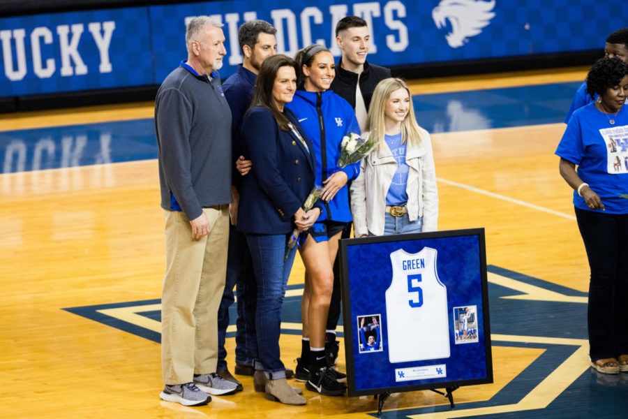 Kentucky Wildcats guard Blair Green (5) poses with her family during Senior Day before the Kentucky vs. Tennessee womens basketball game on Sunday, Feb. 26, 2023, at Memorial Coliseum in Lexington, Kentucky. Tennessee won 83-63. Photo by Isabel McSwain | Staff