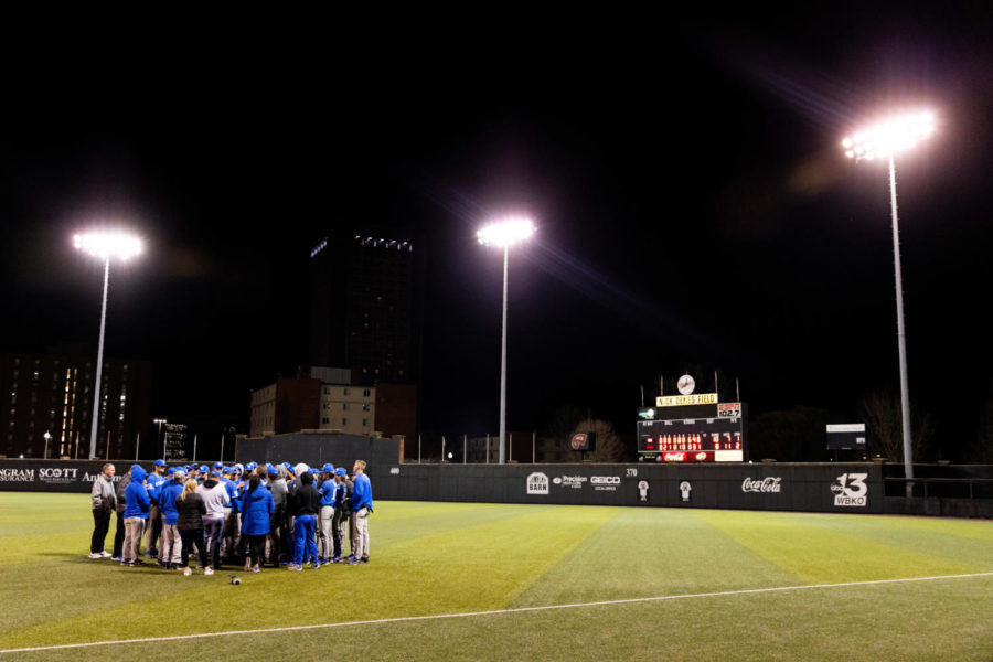 Kentucky players and staff gather in left field after the No. 18 Kentucky vs. Western Kentucky baseball game on Tuesday, March 28, 2023, at Nick Denes Field in Bowling Green, Kentucky. Kentucky won 10-8. Photo by Jack Weaver | Staff