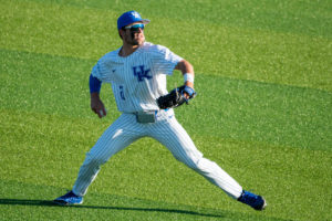 Kentucky Wildcats outfielder/infielder Ryan Waldschmidt (21) readies to throw the ball back to the infield during the Kentucky vs. Indiana State baseball game on Saturday, March 4, 2023, at Kentucky Proud Park in Lexington, Kentucky. Kentucky won 5-4. Photo by Travis Fannon | Staff