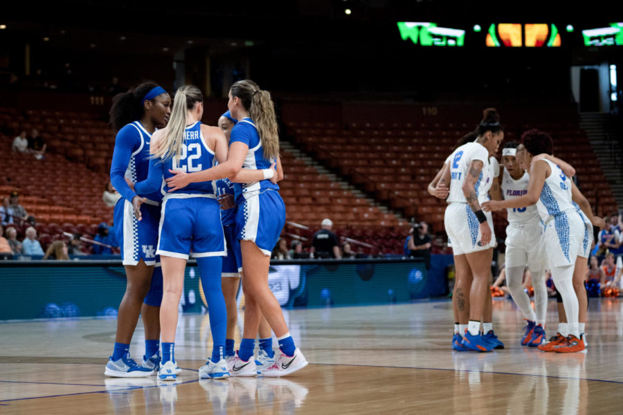 Kentucky Wildcats players huddle during the Kentucky vs. Florida womens basketball game in the first round of the SEC Tournament on Wednesday, March 1, 2023, at Bon Secours Wellness Arena in Greenville, South Carolina. Photo by Carter Skaggs | Staff