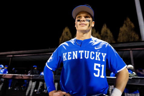 Kentucky Wildcats outfielder Jackson Gray (51) talks to reporters after the No. 18 Kentucky vs. Western Kentucky baseball game on Tuesday, March 28, 2023, at Nick Denes Field in Bowling Green, Kentucky. Kentucky won 10-8. Photo by Jack Weaver | Staff