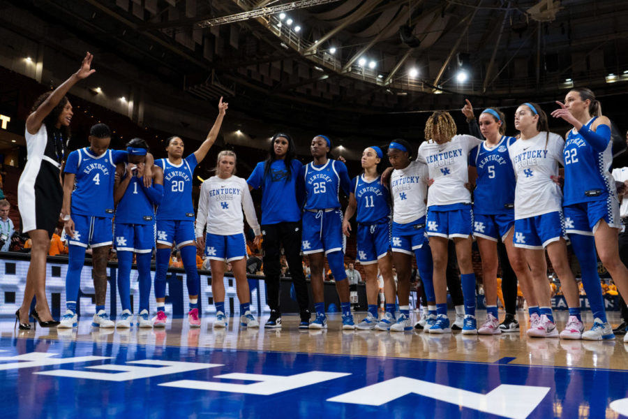 The+Kentucky+Wildcats+gather+in+front+of+the+Kentucky+marching+band+as+they+play+%E2%80%9CMy+Old+Kentucky+Home%E2%80%9D+after+the+No.+14+Kentucky+vs.+No.+3+Tennessee+womens+basketball+game+in+the+SEC+Tournament+quarterfinals+on+Friday%2C+March+3%2C+2023%2C+at+Bon+Secours+Wellness+Arena+in+Greenville%2C+South+Carolina.+Tennessee+won+80-71.+Photo+by+Carter+Skaggs+%7C+Staff
